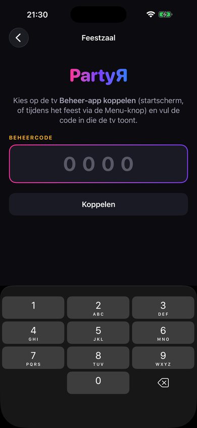 Koppelscherm van de beheer-app: een groot invoervak voor de beheercode van vier cijfers en de knop Koppelen.