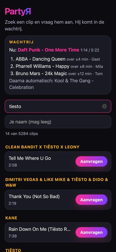 Zoeken op de gastenpagina: de zoekterm tiesto, zonder puntjes op de e, vindt veertien clips van Tiësto, elk met een knop Aanvragen.